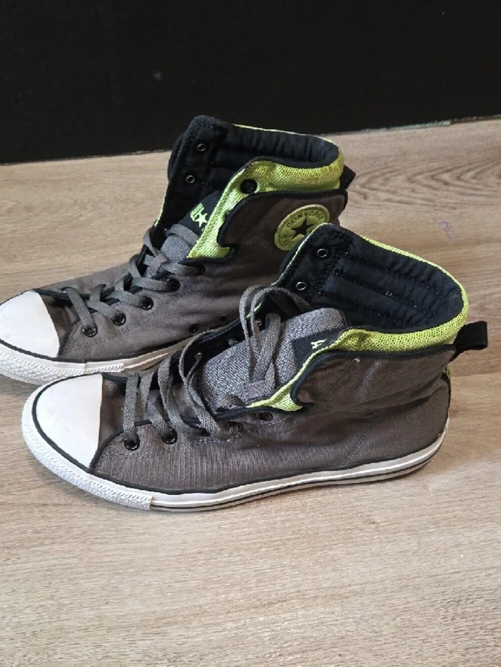 Allstar Converse High-Top Sneakers Gray with Neon Green Accents - Picture 3 of 7